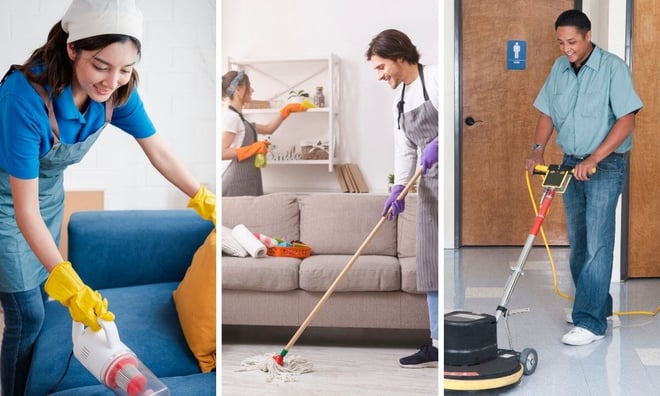 Image showing three types of cleaning businesses: residential cleaning companies, companies looking to scale, and larger commercial contractors using janitorial management software.