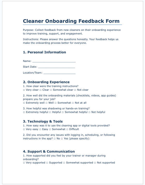 Cleaner Onboarding Feedback Form
