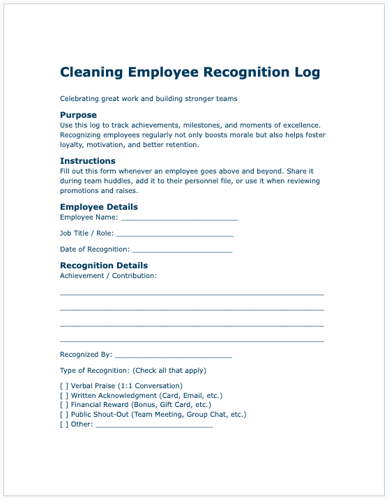 Cleaning Employee Recognition Log