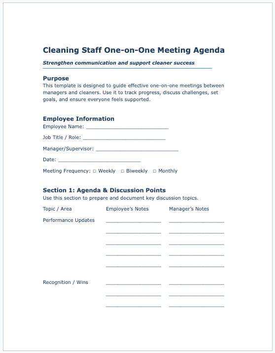 Cleaning Staff One-on-One Meeting Agenda