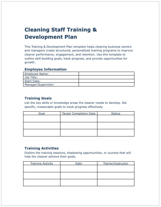 Cleaning Staff Training & Development Plan Template