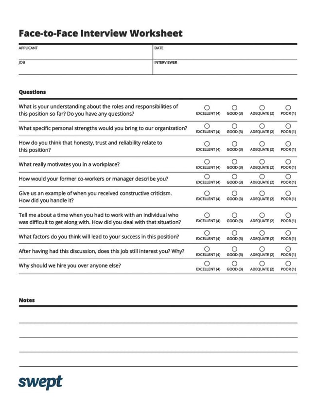 Janitorial Interview Questions Face to Face Worksheet