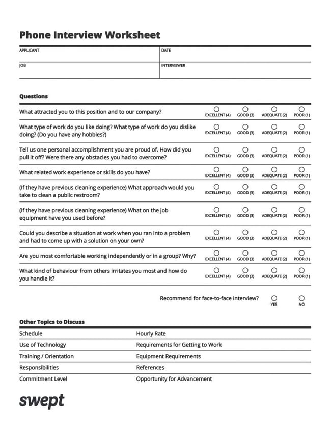 Janitorial Interview Questions Worksheet